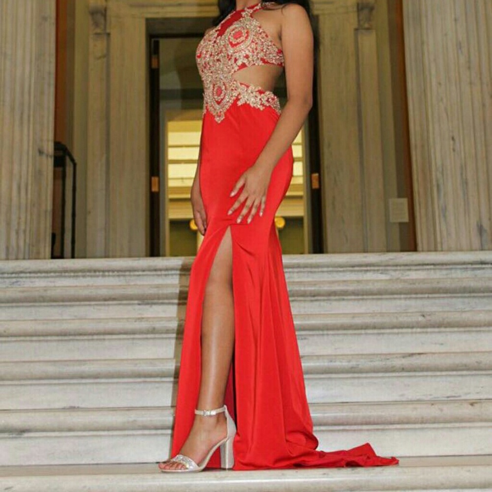 Red prom or formal dress.
